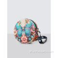 Bolsa crossbody redonda estampada em jacquard tingido com fio estilo étnico